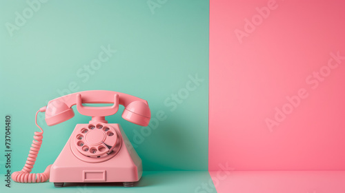 Retro rotary phone from 80s on colored pastel background. Concept using retro items, back to past. Escapism, romanticization past, candy-style nostalgia. Copy space, free space for text. photo