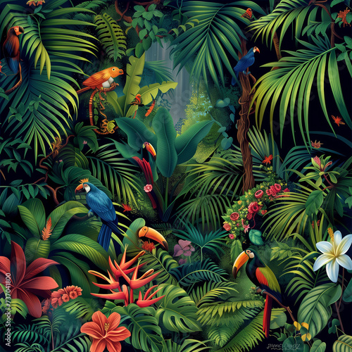 Generate a lush and vibrant rainforest scene with a diverse array of exotic plants and animals