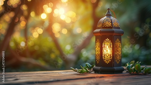 Arabic lantern of ramadan celebration. A stunning lantern emits a warm glow, casting enchanting shadows on a beautifully weathered wooden table.