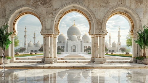 A captivating image capturing the immense beauty and grandeur of a massive white palace adorned with elegant arches  showcasing its timeless architectural splendor and graceful presence.