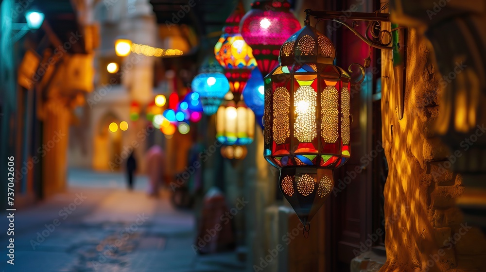 Obraz premium The bustling street comes alive at night as colorful lights illuminate the scene, creating a symphony of vibrant hues.