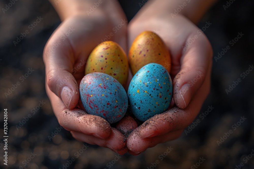 A person holds three eggs in their hands, preparing for a religious Easter celebration. A person holds three eggs in their hands, preparing for a religious Easter celebration.