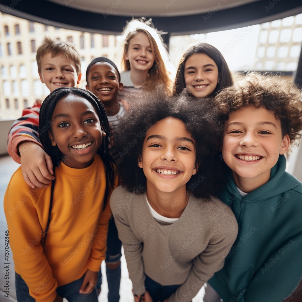 cheerful multiethnic kids embracing, waving hands and showing rejoice gesture at school cheerful multiethnic kids embracing, waving hands and showing rejoice gesture at school