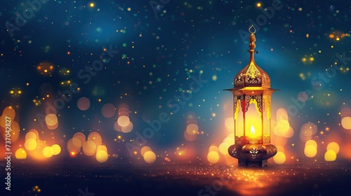 Islamic concept. Muslim mosque.   A solitary lantern, ablaze with light, stands as a symbol of hope amidst the darkness of the night. © Svfotoroom