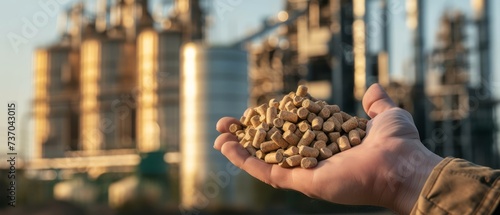 Hand holding biofuel pellets on background of agricultural silos, sustainable energy source