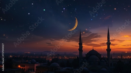 An enchanting night scene showcasing a slender crescent moon and sparkling stars in the sky.