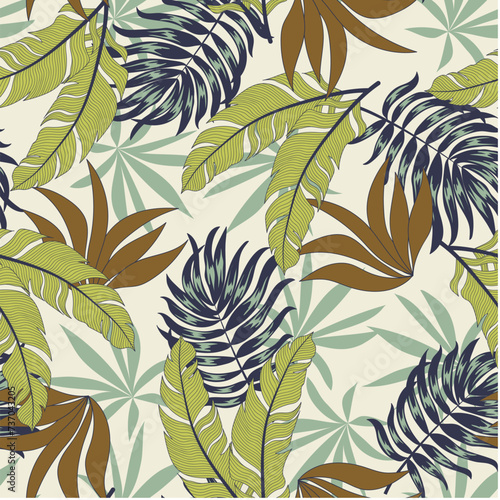 Abstract seamless tropical pattern with bright plants and leaves on a beige background. Modern abstract design for fabric, paper, interior decor. Hawaiian style.