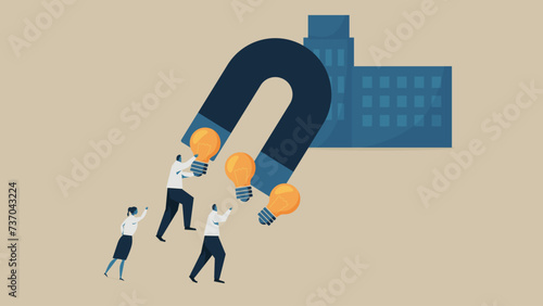 An image that dominates ideas. A light bulb bound by a magnet and people resisting it. There is a building in the back.