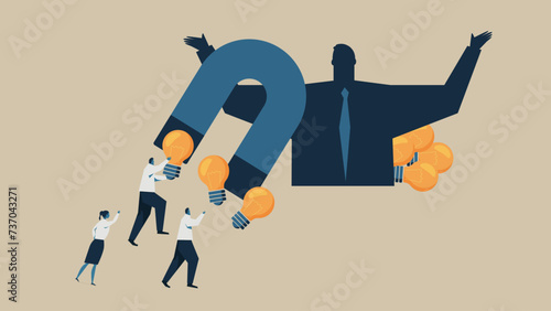 An image that dominates ideas. A light bulb held in place by a magnet and people resisting it. Behind them are man. He has many light bulbs.