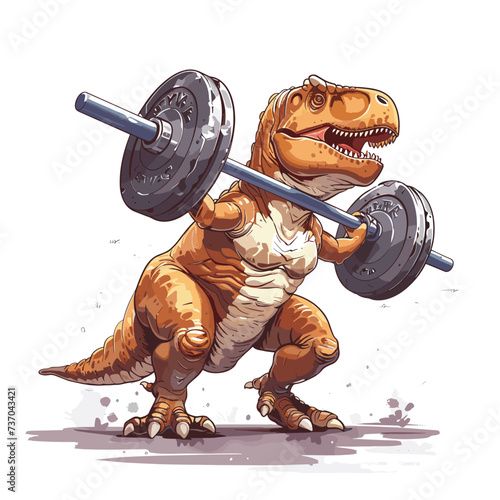 Hand drawn funny dinosaur T Rex lifting a big weight straight barbell doing biceps exercise