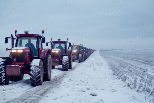 Agricultural workers go to protest rally against tax increases, changes in law, abolition of benefits. Row of tractors drives along the road, surrounded by snow-covered fields © LivroomStudio