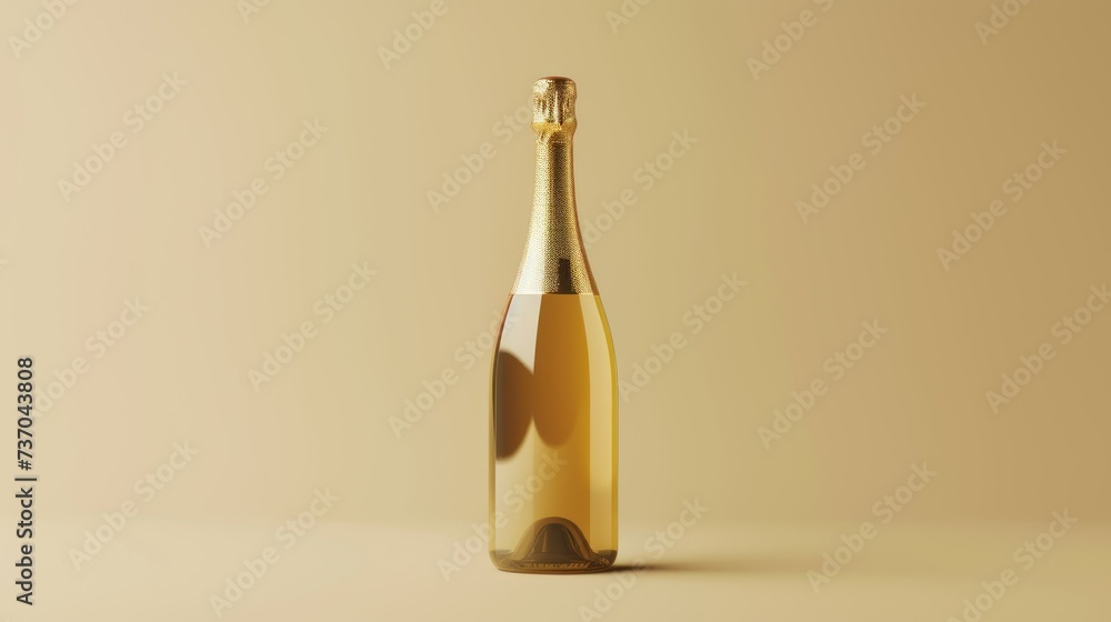 Golden glass champagne bottle with a minimal background, products, brand designs Golden glass champagne bottle with a minimal background, products, brand designs