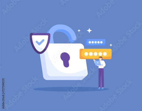 Protection and security system technology. lock and password. User safety. privacy and encryption. large padlocks and user. illustration concept design. graphic elements. Vector