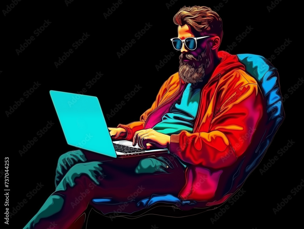 Cool man working on laptop, illustration generative AI
Cool man working on laptop, illustration generative AI