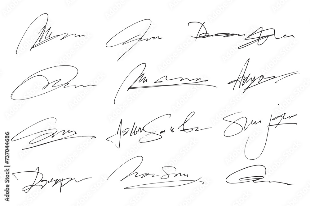 Signatures set. Fictitious handwritten signatures for signing documents on white background - obrazy, fototapety, plakaty 