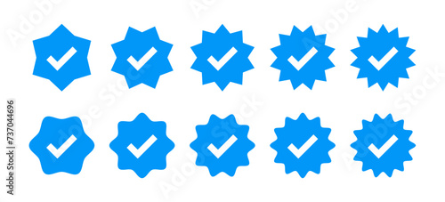 Checkmark icons. Flat, blue, checkmarks in different shapes, checkmark icons. Vector icons