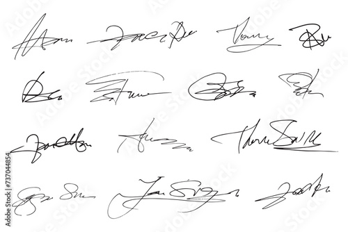 Signatures set. Fictitious handwritten signatures for signing documents on white background photo