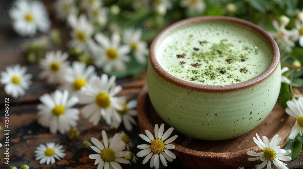 Cup of matcha latte green tea and spring flowers on rustic wooden background Cup of matcha latte green tea and spring flowers on rustic wooden background
