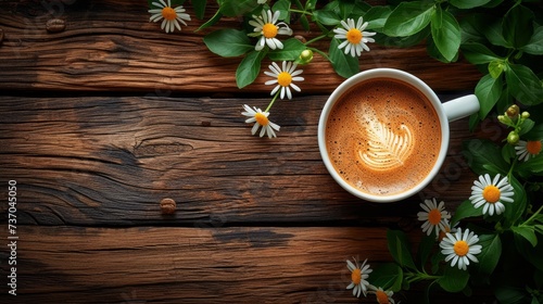 Cup of coffee and coffee beans and flowers on wooden background. Copy space for text, top view photo