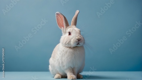White Easter bunny rabbit on blue background. Easter day, Easter holiday concept.