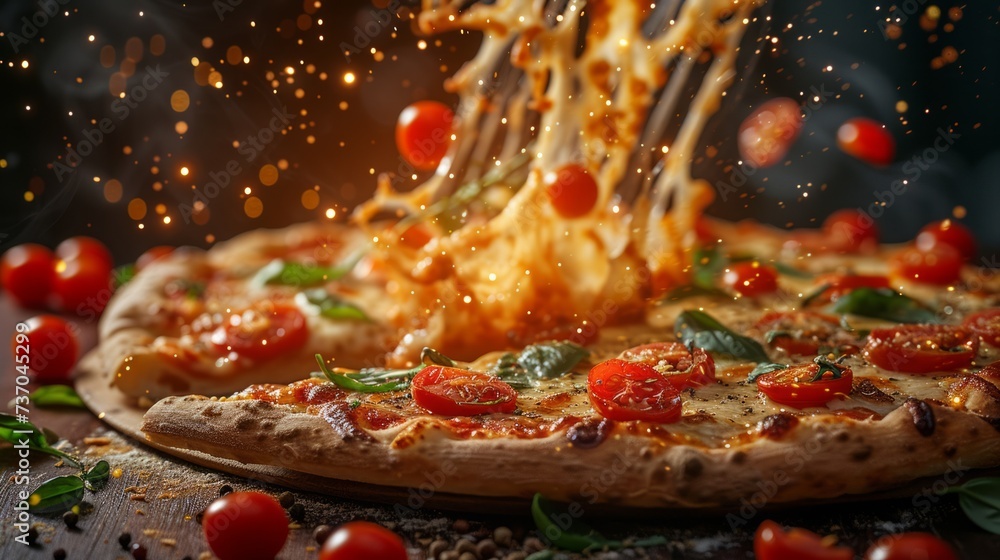 Hot pizza with melted cheese, featuring dynamic elements like flying vegetables, cheese. Hot pizza with melted cheese, featuring dynamic elements like flying vegetables, cheese.