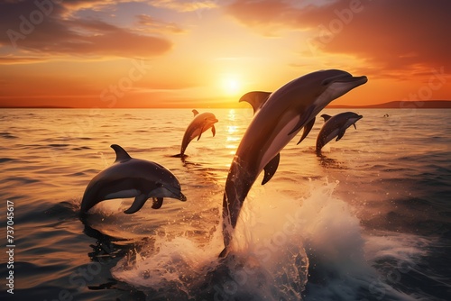 A group of playful dolphins leaping out of the water, their sleek bodies glistening under the sunlight. © Animals