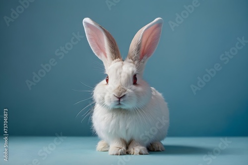 White Easter bunny rabbit on blue background. Easter day, Easter holiday concept. © Jolie