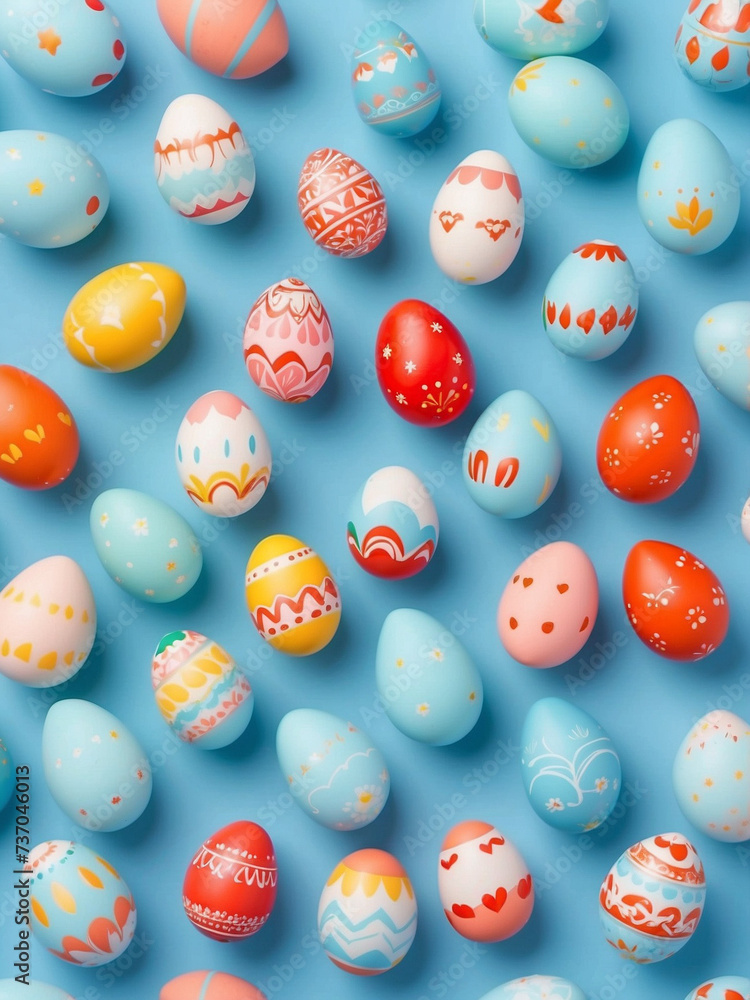 Easter Eggs with Adorable Hand Painted Patterns on a Blue Background