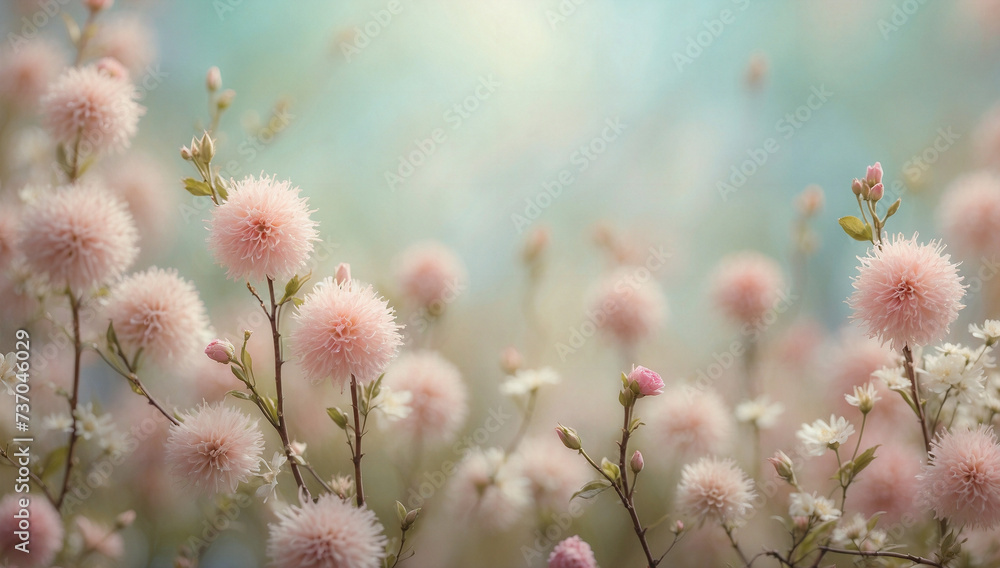 Cottony pink flowers in bloom over pastel blue background. Wallpapers, copy space. Spring landscapes series. Cottony pink flowers in bloom over pastel blue background. Wallpapers, copy space. Spring landscapes series.