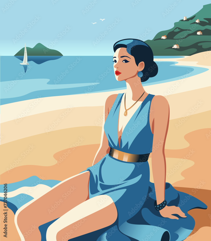 A beautiful girl in a blue dress sits on the seashore. South Beach. Yacht on the horizon.Flat minimal retro vector. Vintage character illustration. Pop art style.