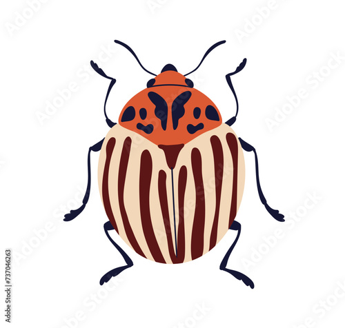 Colorado potato beetle, winged bug. Summer insect. Pest animal, fauna species. Ten-striped spearman icon. Flat vector illustration isolated on white background © Good Studio
