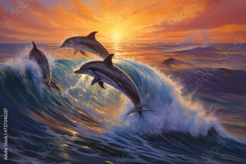 A group of playful dolphins riding the waves, their acrobatic leaps and flips showcasing their joyful nature. © Animals