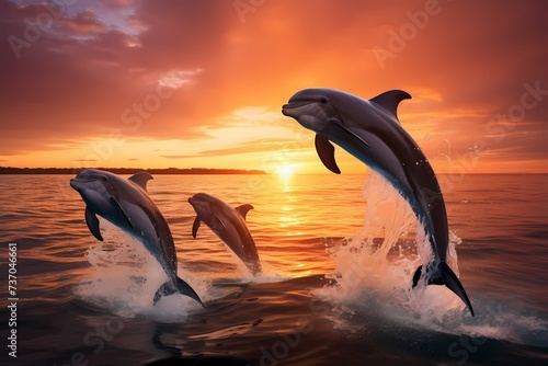 A group of playful dolphins riding the waves, their acrobatic leaps and flips showcasing their joyful nature. © Animals