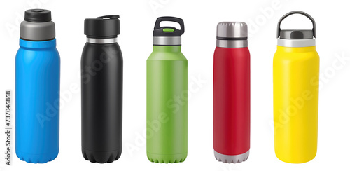 Set of various modern vacuum insulated thermos water bottles isolated on transparent background. Generative AI photo