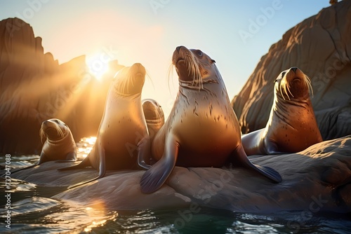 A group of playful sea lions basking in the sun on a rocky shoreline, their sleek bodies shining in the golden light. © Animals