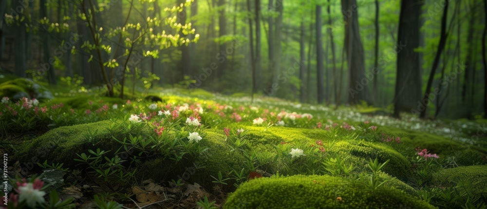 Fototapeta premium Mysterious Morning: A lonely tree amidst the tranquil beauty of a misty lake surrounded by greenery
