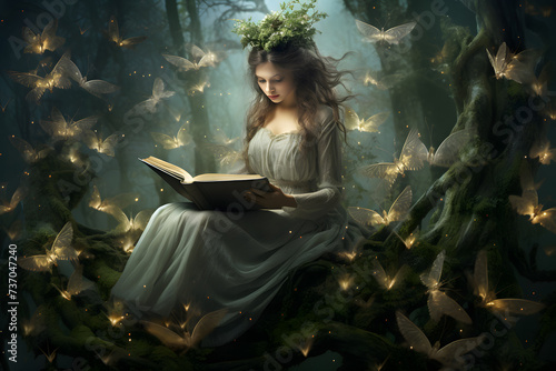 An enchanting fairy reads a book of poetry in the middle of an enchanted forest full of fantasy and adventurous ideas. World Poetry Day. World Book Day. photo