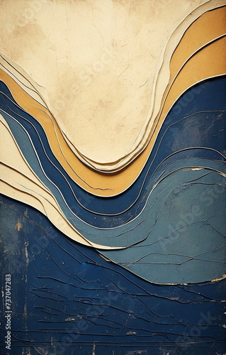 abstract Mid-century vintage fine art textured background beige dark blue colors . craked paper style wall art. Template