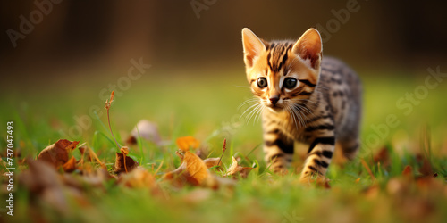 Brown tabby kitten walks on green grass  blurred background