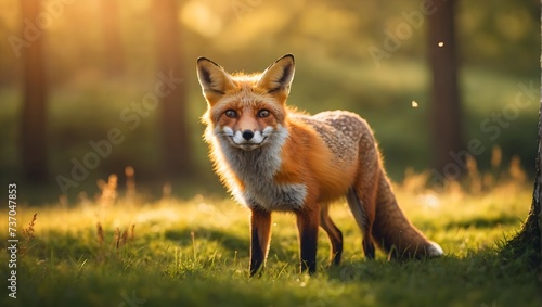 Close up of red fox vulpes ,standing on green grass with blurred green background.