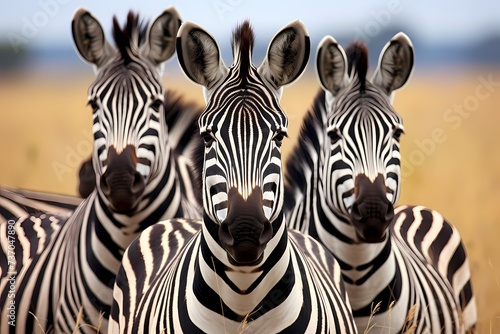A group of zebras grazing peacefully on the grasslands  their unique black and white stripes creating a mesmerizing pattern.