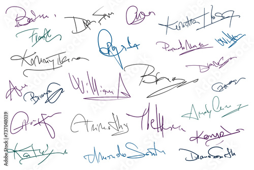 Signatures set. Fictitious handwritten signatures for signing documents on white background photo