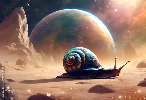 A large snail with a reptile pattern in space on an alien planet photo