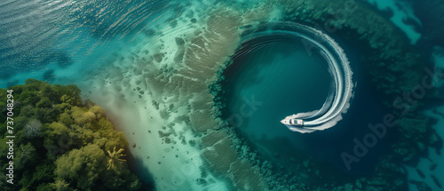 Aerial View of a Speedboat Creating Rippling Waves Near a Tropical Forest Island