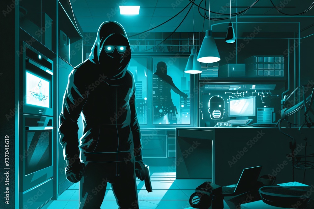 mysterious thief in a futuristic home filled with high tech gadgets mysterious thief in a futuristic home filled with high tech gadgets