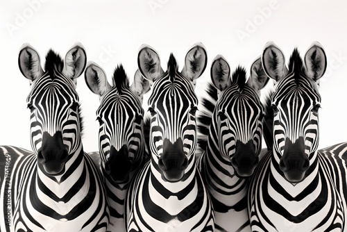A group of zebras  their black and white stripes creating a striking contrast against a pure white background.