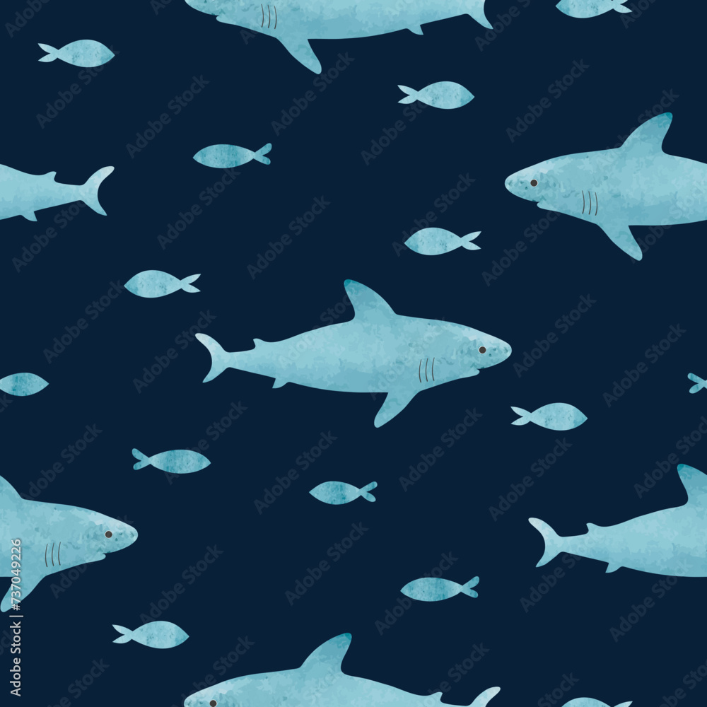 Fototapeta premium Seamless watercolor sharks and fish pattern. Vector sea background