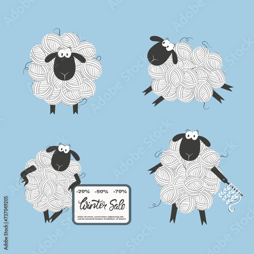 Set of cute cartoon sheep made of yarn balls. Vector illustration