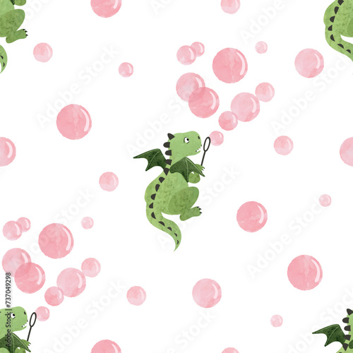 Seamless pattern with cartoon dragon blowing soap bubbles. Vector watercolor print