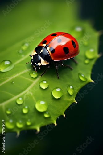 A ladybug perched on a leaf, its tiny spots and delicate antennae in sharp focus.